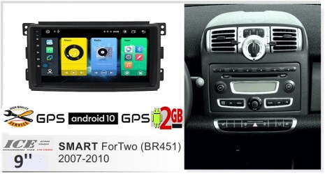 SMART 451 (2007-2010) Android 10 οθόνη αυτοκίνητου 9'' ICE93-2GB με GPS WI-FI ( Youtube Playstore MP3 USB Bluetooth Mirrorlink  